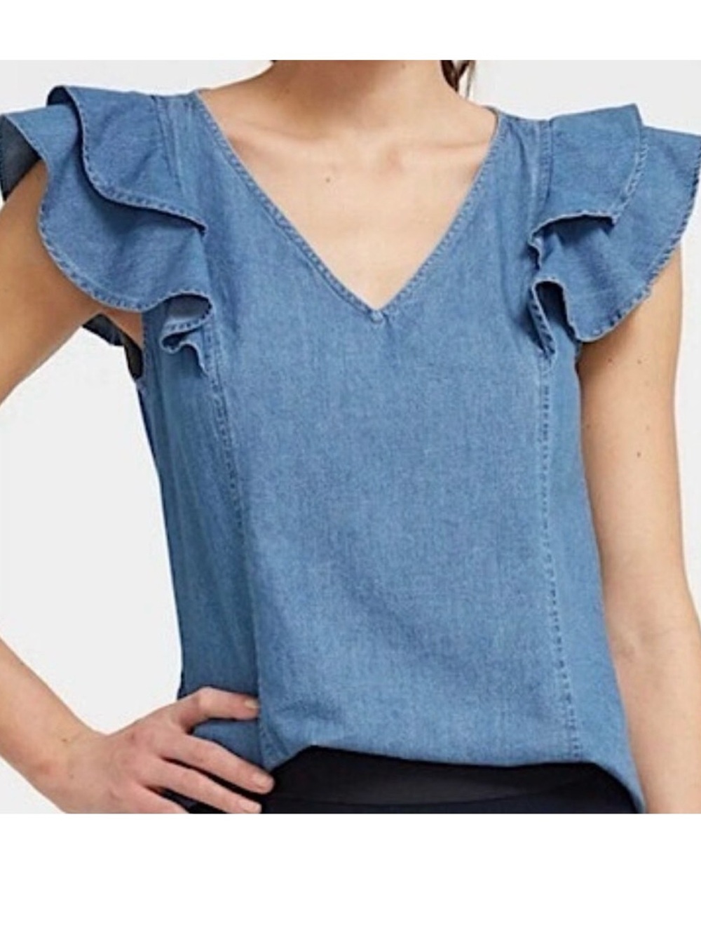 Draper James Denim-Look Ruffle Sleeve V-Neck Tank - Blue